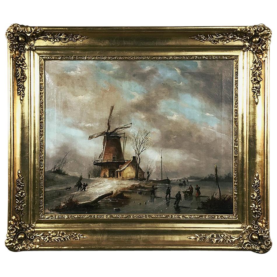 Antique Framed Oil Painting on Canvas "Wintry Landscape with Windmill"