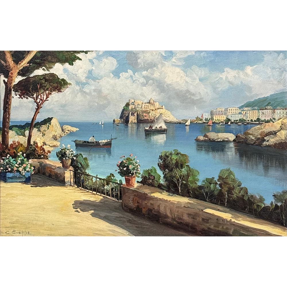 Antique Framed Oil Painting on Panel of Capri by Carlo Ciappa (1890 - 1970) is a beautiful depiction of the storied seaside village as it would have appeared in the 18th and 19th centuries, with both fishing boats and pleasure craft plying the