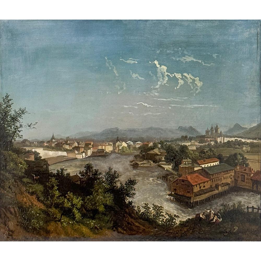 La peinture à l'huile encadrée du XVIIIe siècle sur panneau de bois de la Wachau, en Autriche, est une superbe vue à flanc de colline de la ville légendaire telle qu'elle apparaissait il y a plus d'un siècle.  L'artiste s'est inspiré des maîtres de