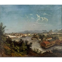 18th Century Framed Oil Painting on Wood Panel of Wachau, Austria