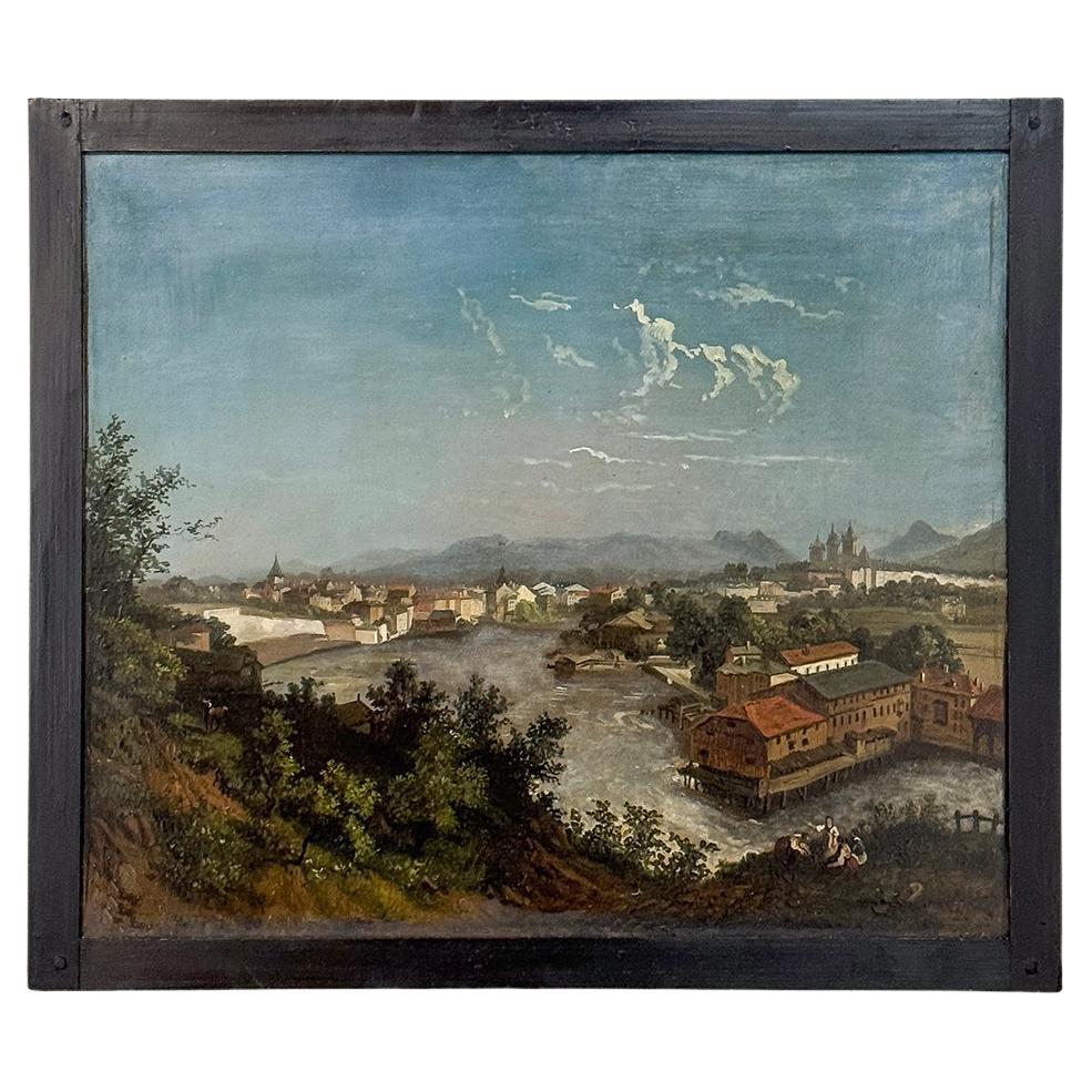 18th Century Framed Oil Painting on Wood Panel of Wachau, Austria