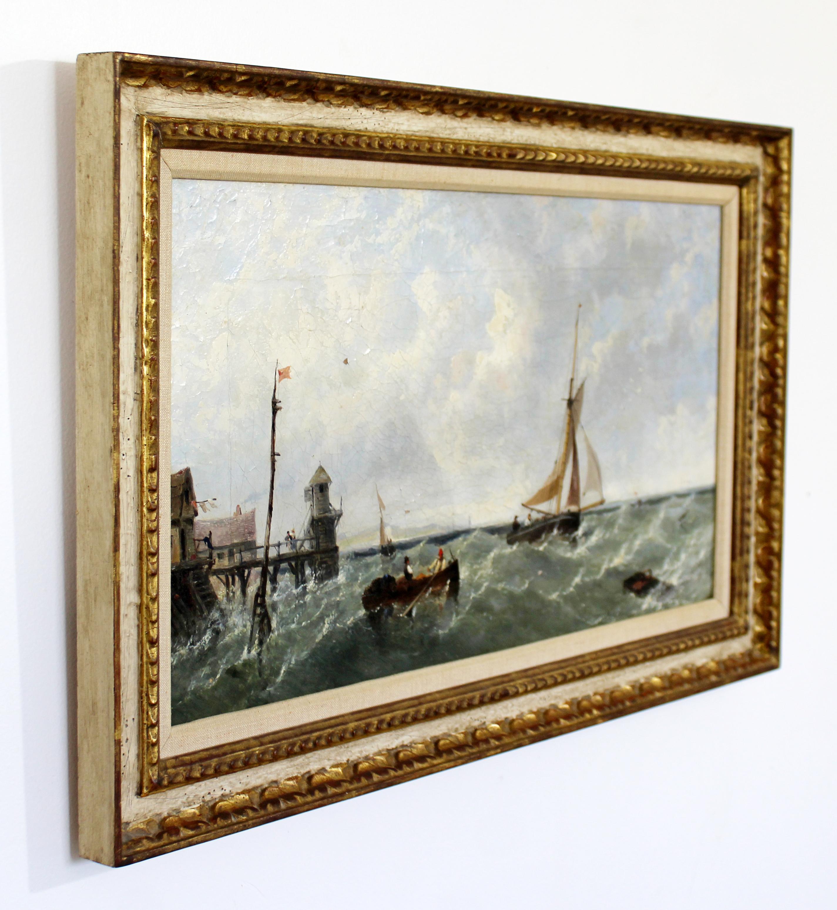 For your consideration is an original, framed, oil on canvas painting of a nautical scene, signed by J. Meadows, dated 1856. In good antique condition. The dimensions of the frame are 26