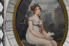 Antique Framed Oval Miniature Portraits Lady & Gentleman with Dog