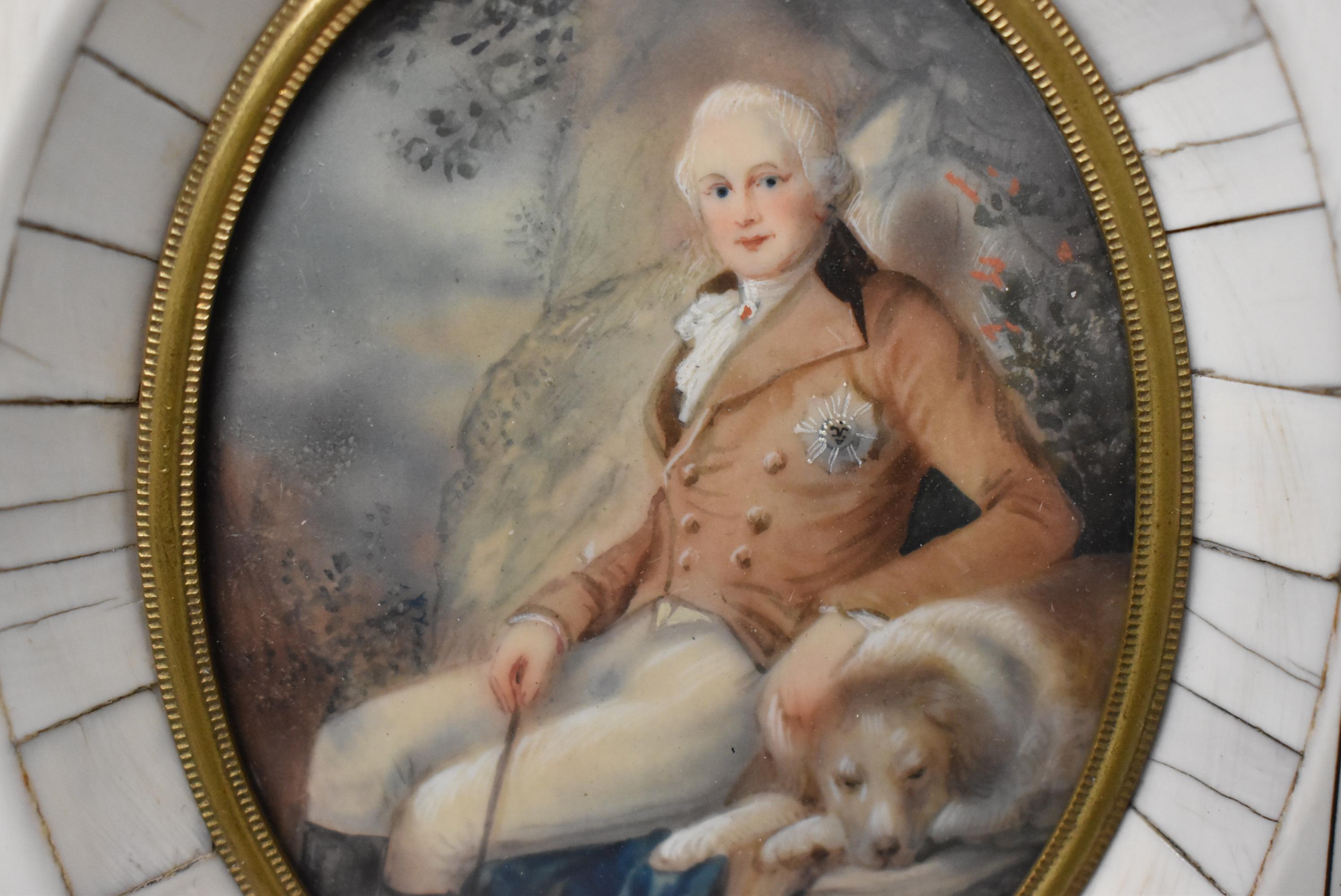 Aesthetic Movement Antique Framed Oval Miniature Portraits Lady & Gentleman with Dog For Sale
