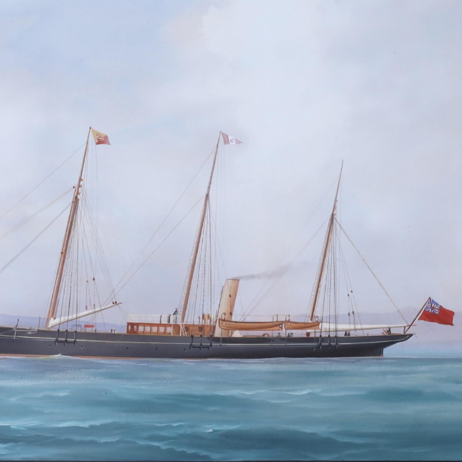 19th century painting of a steam powered yacht flying an English flag, named Lady Nell, on the Mediterranean sea with Mt. Vesuvius in the background. Executed in gouache by the noted Italian marine artist Antonio De Simone in 1888. Presented in a