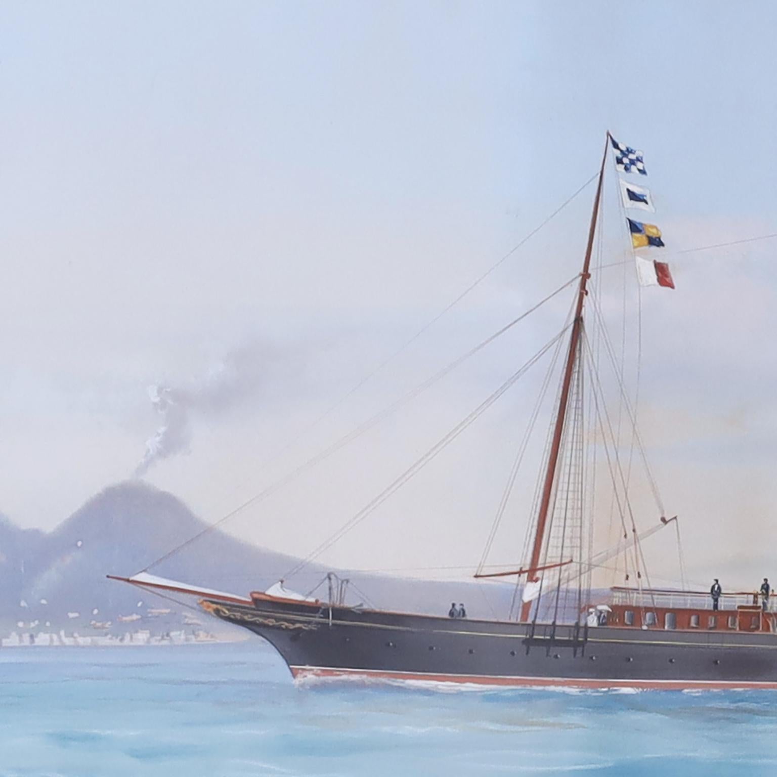 19th century painting of a steam powered yacht, flying an English flag and named 