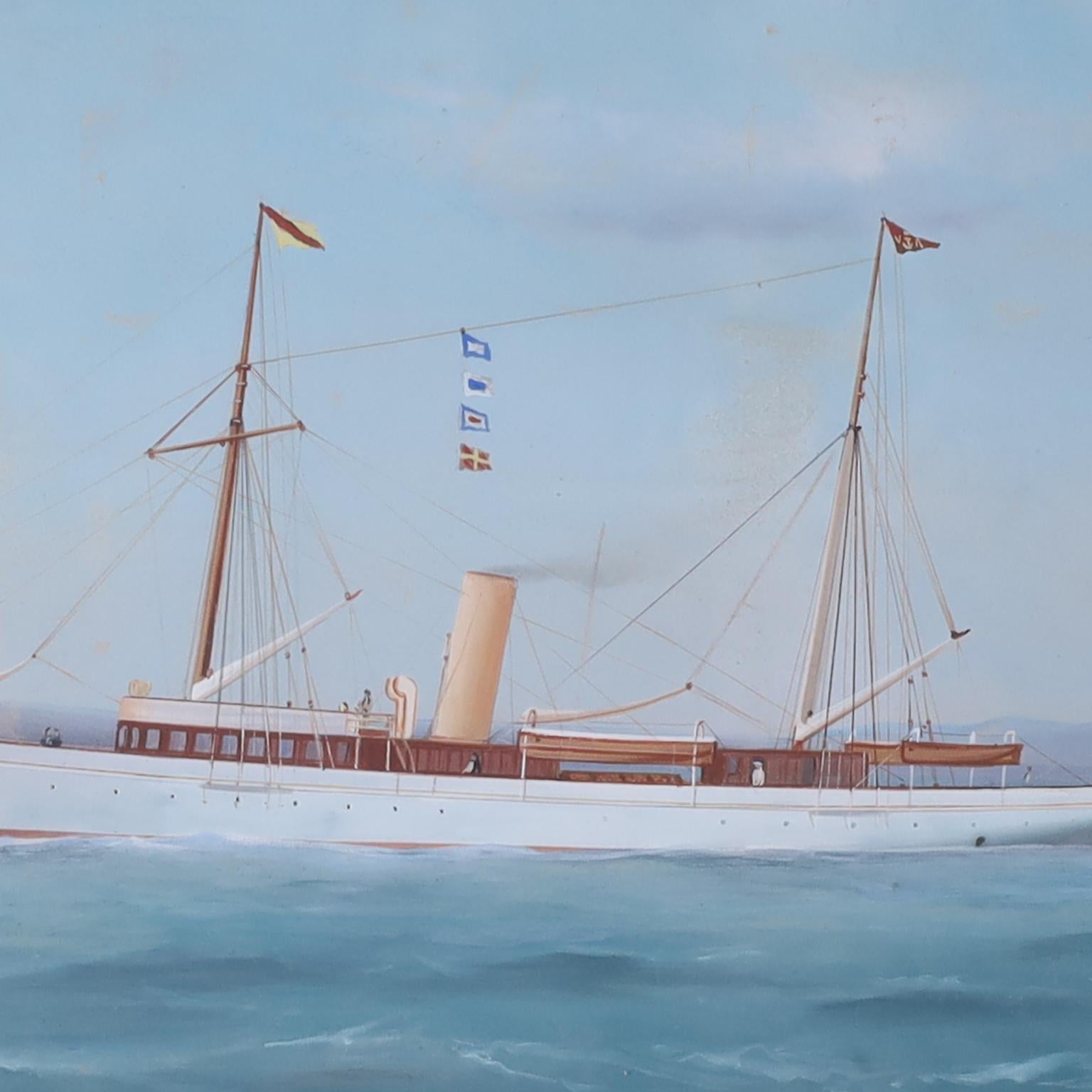 Antique painting of a steam powered yacht flying a British flag as seen on the Mediterranean sea with Mt. Vesuvius in the background. Executed in gouache by noted Italian marine artist Antonio De Simone in 1904. Presented in a mahogany frame under