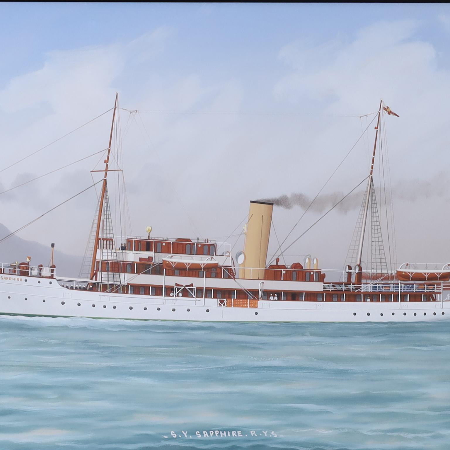 Peinture ancienne d'un yacht à vapeur battant pavillon britannique et nommé 