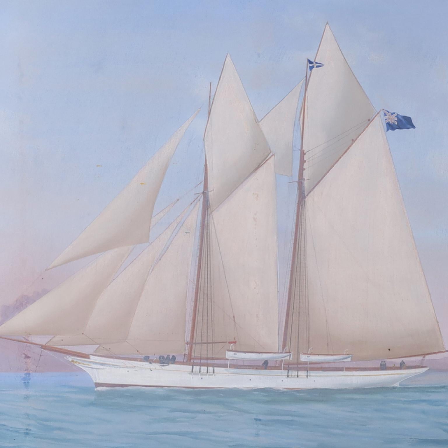 19th century painting of a yacht flying the English flag and named Aphrodite, executed with gouache and painted on the Mediterranean sea by noted Italian marine artist Antonio De Simone in 1888. Presented in a mahogany frame under non-reflective