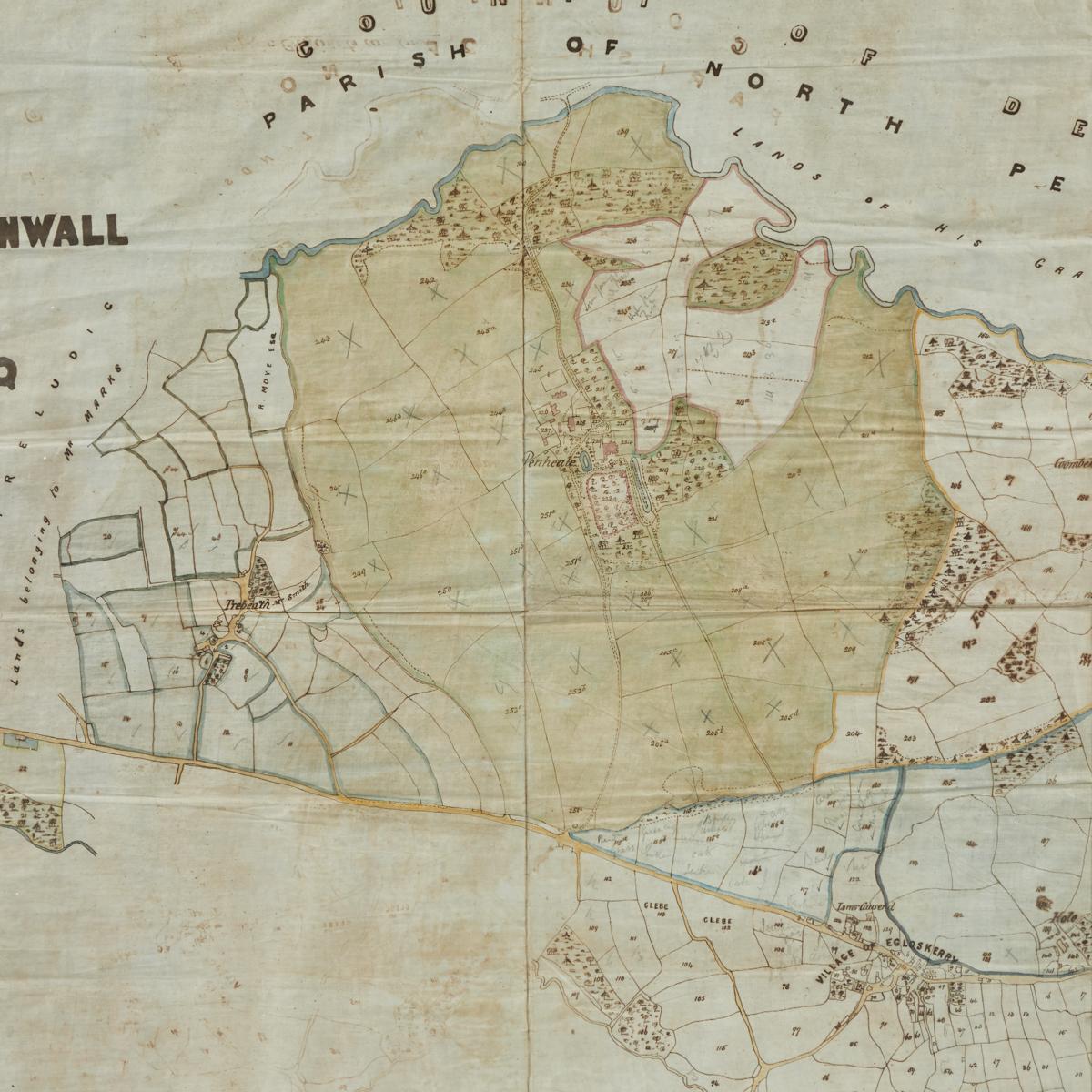 Antike gerahmte Karte von Cornwall mit Feder und Tinte auf Stoff aus dem England des frühen 19.