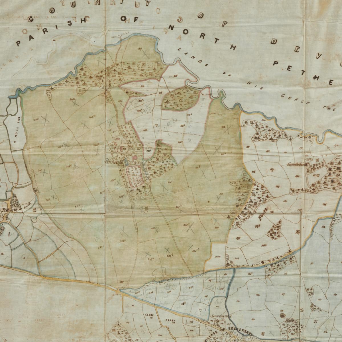 Antike gerahmte Karte von Cornwall mit Feder und Tinte auf Stoff aus dem frühen 19 (Handbemalt) im Angebot