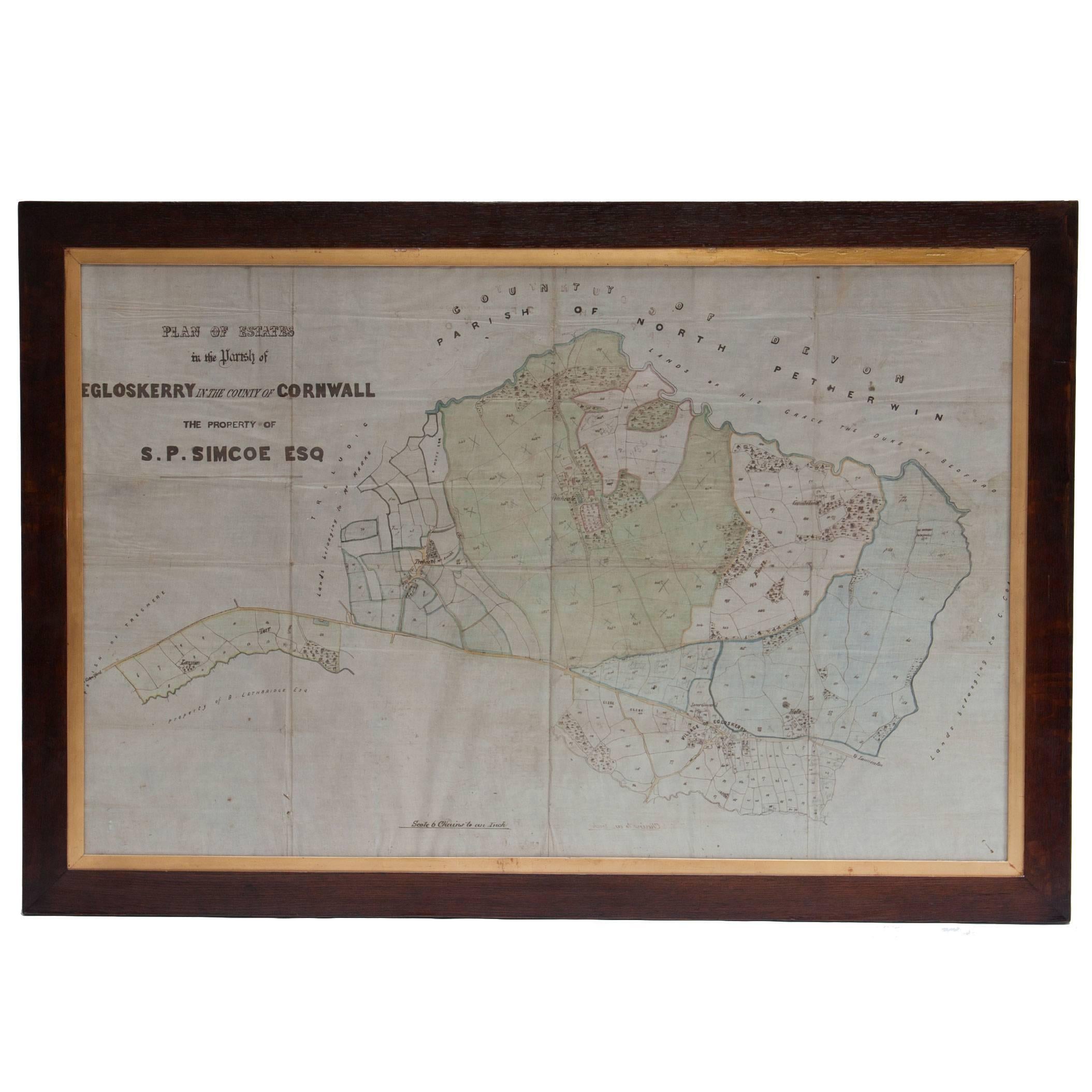 XIXe siècle Carte de Cornouailles du début du 19ème siècle:: encadrée:: à la plume et à l'encre sur tissu en vente