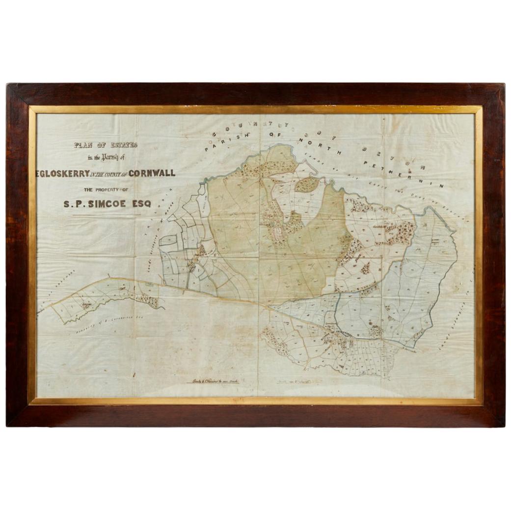 Antique Framed Pen and Ink on Fabric Map of Cornwall from Early 19th Century