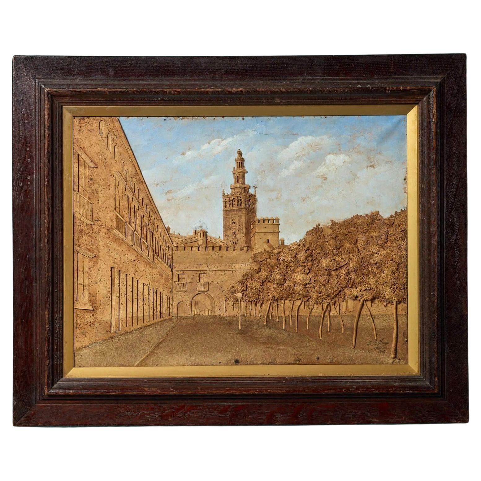 Antique Framed Picture of Catedral de Sevilla Made From Cork For Sale