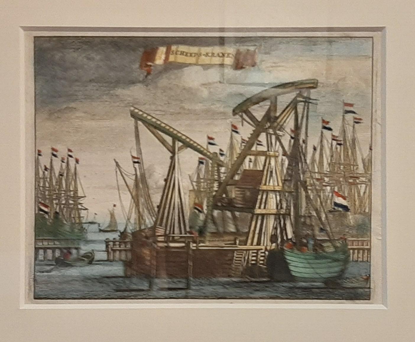 XVIIIe siècle et antérieur Impression ancienne encadrée des grues de bateaux d'Amsterdam, Pays-Bas, 1693 en vente