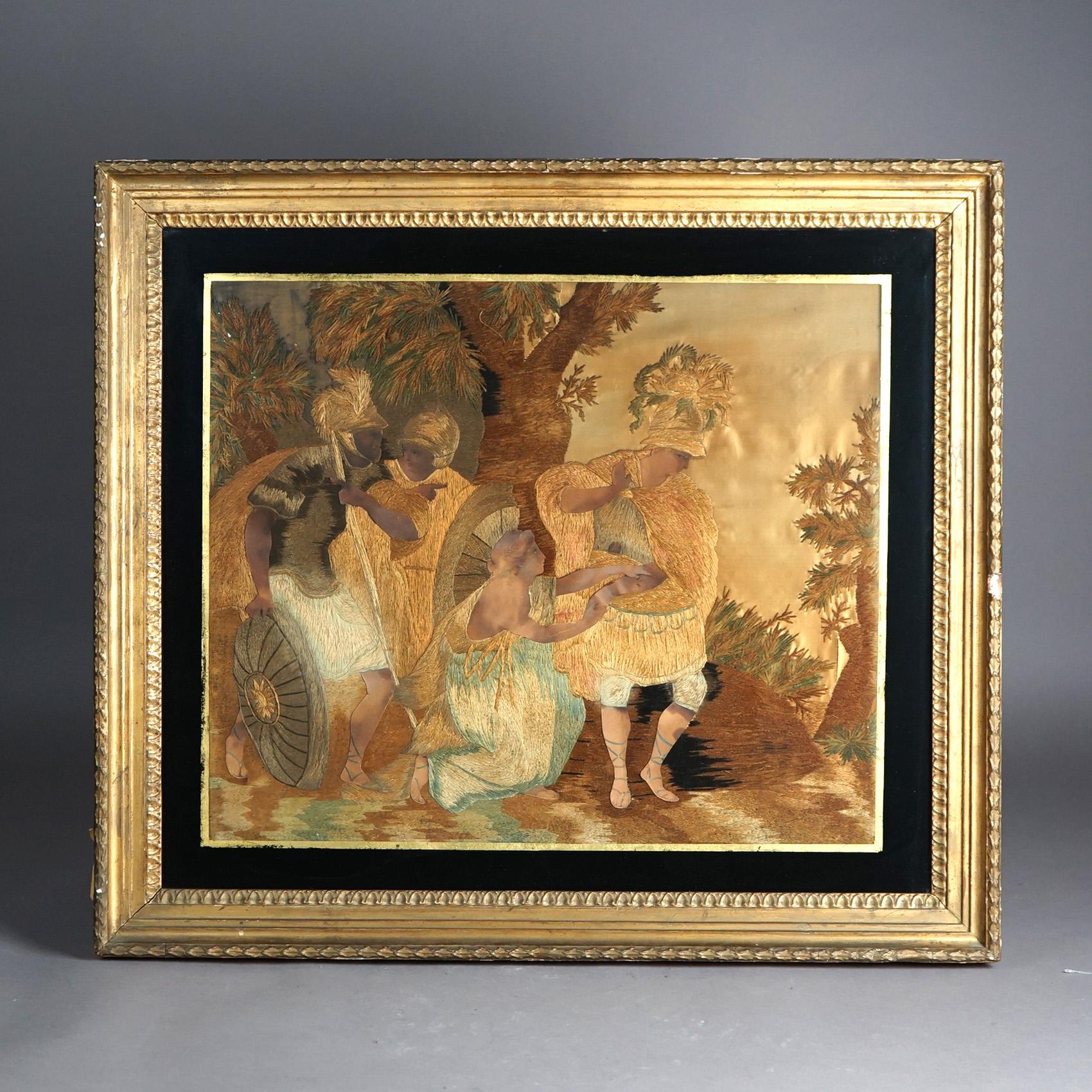 Antique collage offers Roman Greco scene in mixed media including paper and woven grasses depicting countryside scene with soldiers and chariot, framed, 19th century

Measures - 25