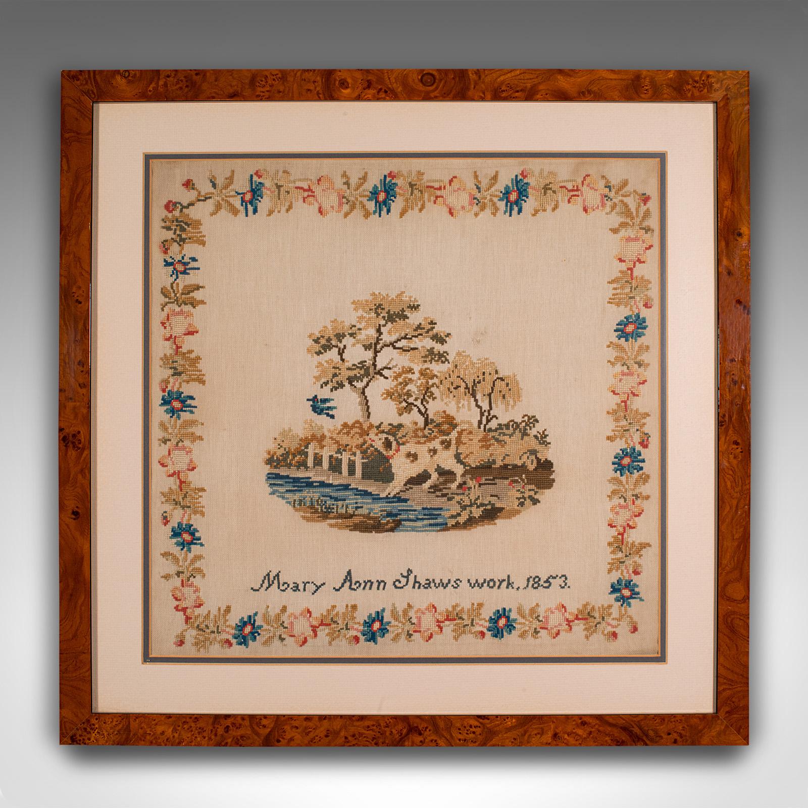 This is an antique framed sampler. An English, needlepoint tapestry panel, dated to the Victorian period and later, circa 1850.

Delightful early Victorian period sampler
Displaying a desirable aged patina and in good order
Charming needlepoint