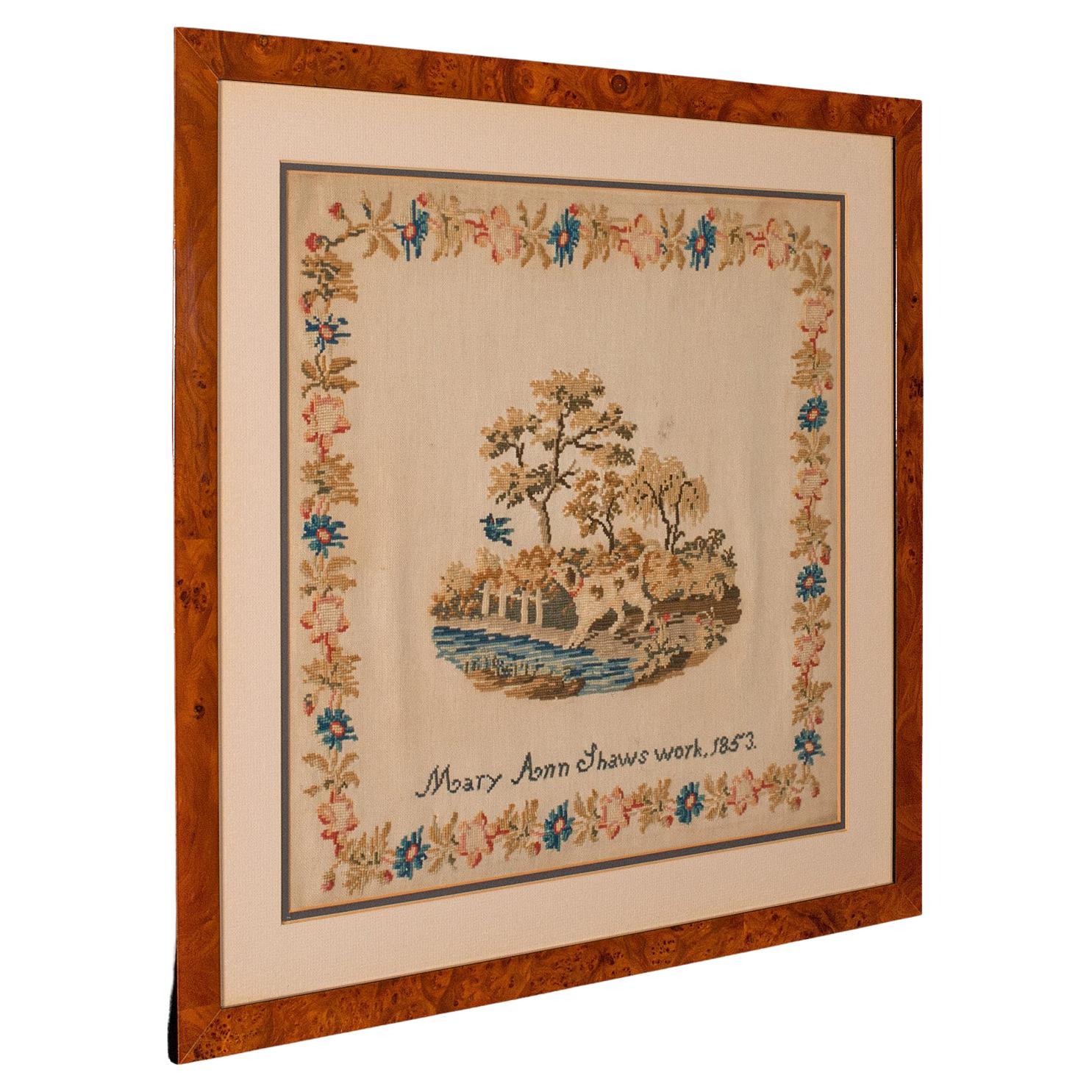 Antiguo Muestrario Enmarcado, Inglés, Panel de Tapiz de Punto de Aguja, Victoriano, C.1850