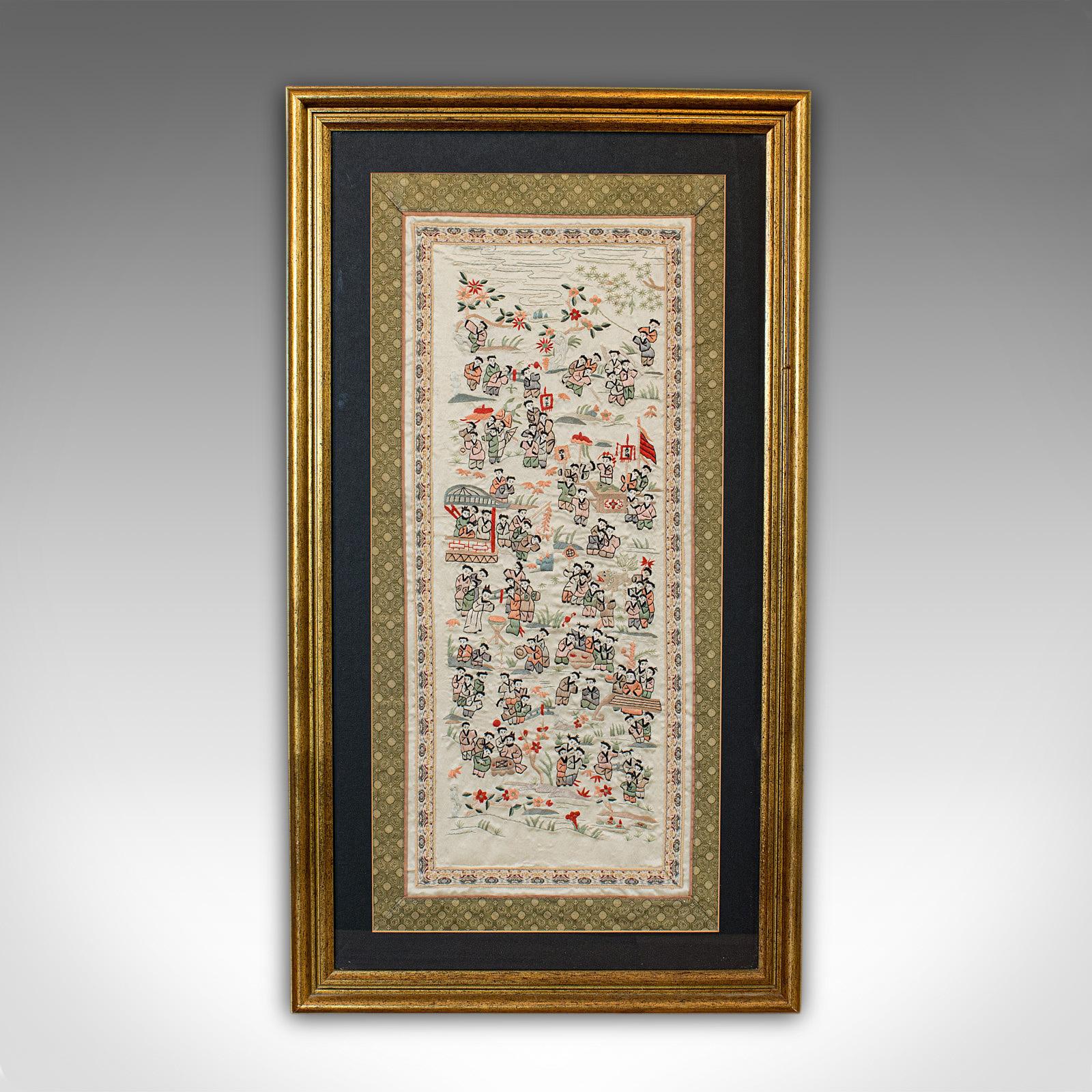 This is an antique framed silk panel. An Oriental, embroidered decorative scene known as the 'Hundred Children' dating to the early 20th century, circa 1900.

Fascinating Oriental antique craftsmanship
Displays a desirable aged patina
Superb,