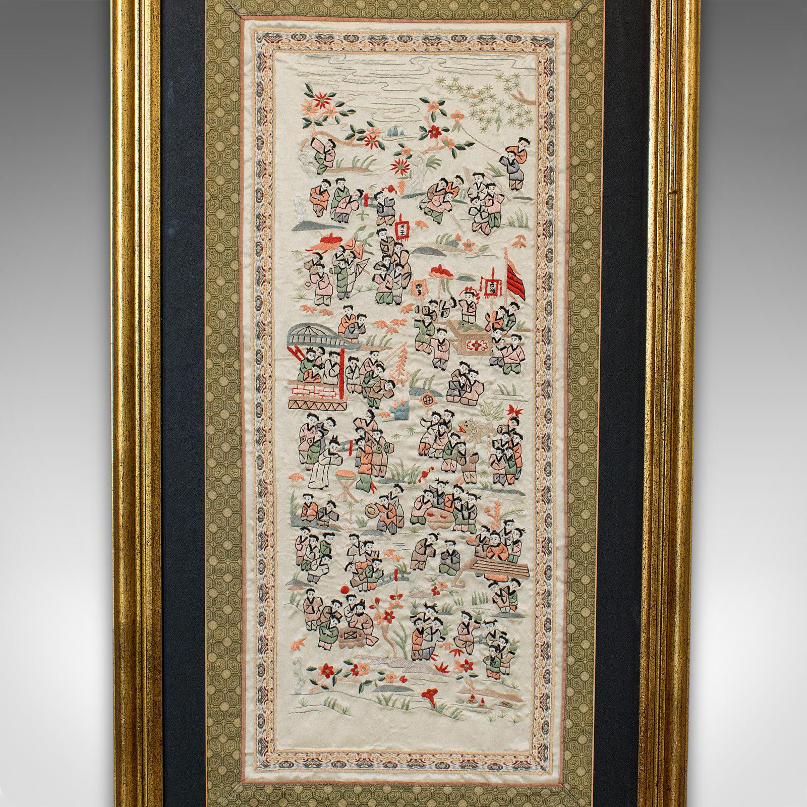Chinese Export Antique Framed Silk Panel, Oriental, Embroidered, Decorative, 100 Children, 1900 For Sale