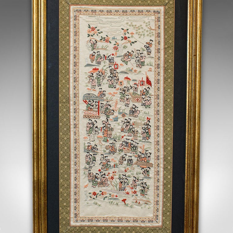 Chinese Export Antique Framed Silk Panel, Oriental, Embroidered, Decorative, 100 Children, 1900 For Sale
