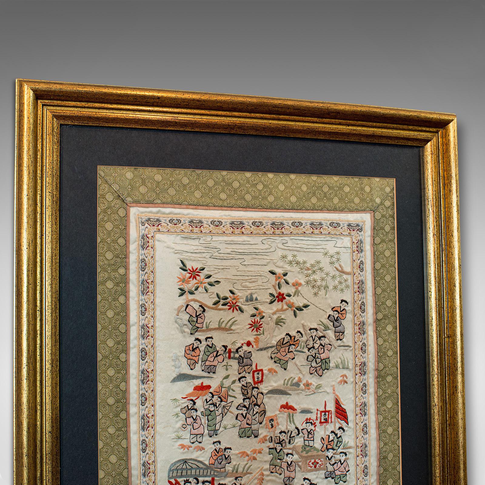 Antique Framed Silk Panel, Oriental, Embroidered, Decorative, 100 Children, 1900 In Good Condition For Sale In Hele, Devon, GB