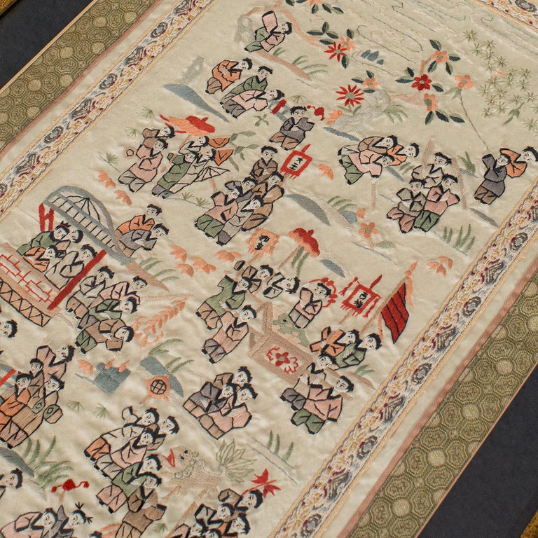 19th Century Antique Framed Silk Panel, Oriental, Embroidered, Decorative, 100 Children, 1900 For Sale