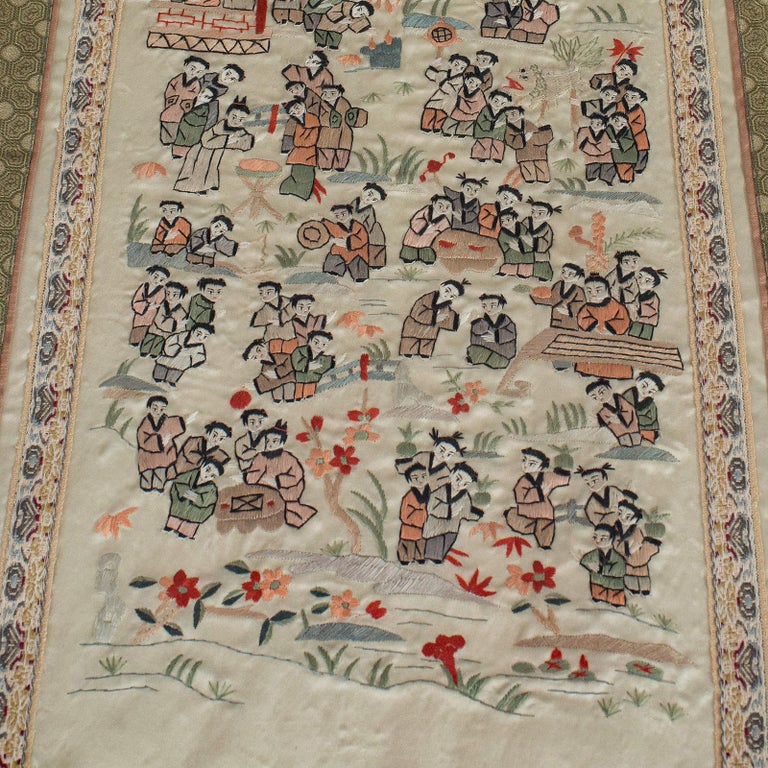 Antique Framed Silk Panel, Oriental, Embroidered, Decorative, 100 Children, 1900 For Sale 1