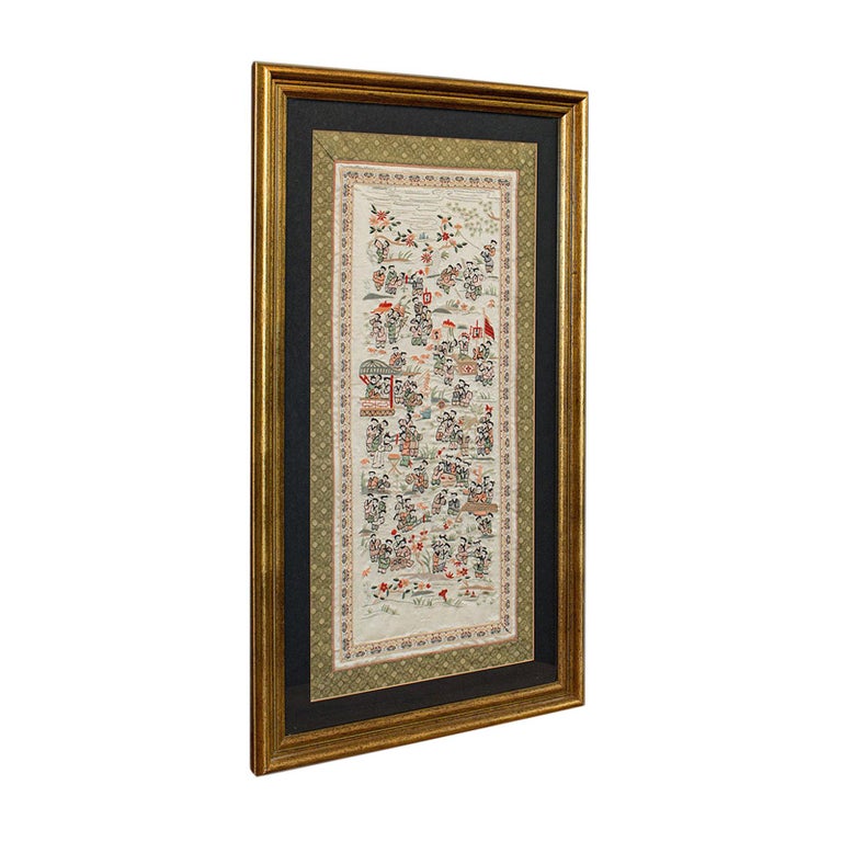 Antique Framed Silk Panel, Oriental, Embroidered, Decorative, 100 Children, 1900 For Sale