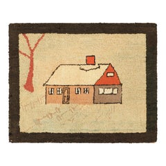 Antique Framed Square Hooked Rug, Bucolic House Pictorial in Cream - Rug & Kilim