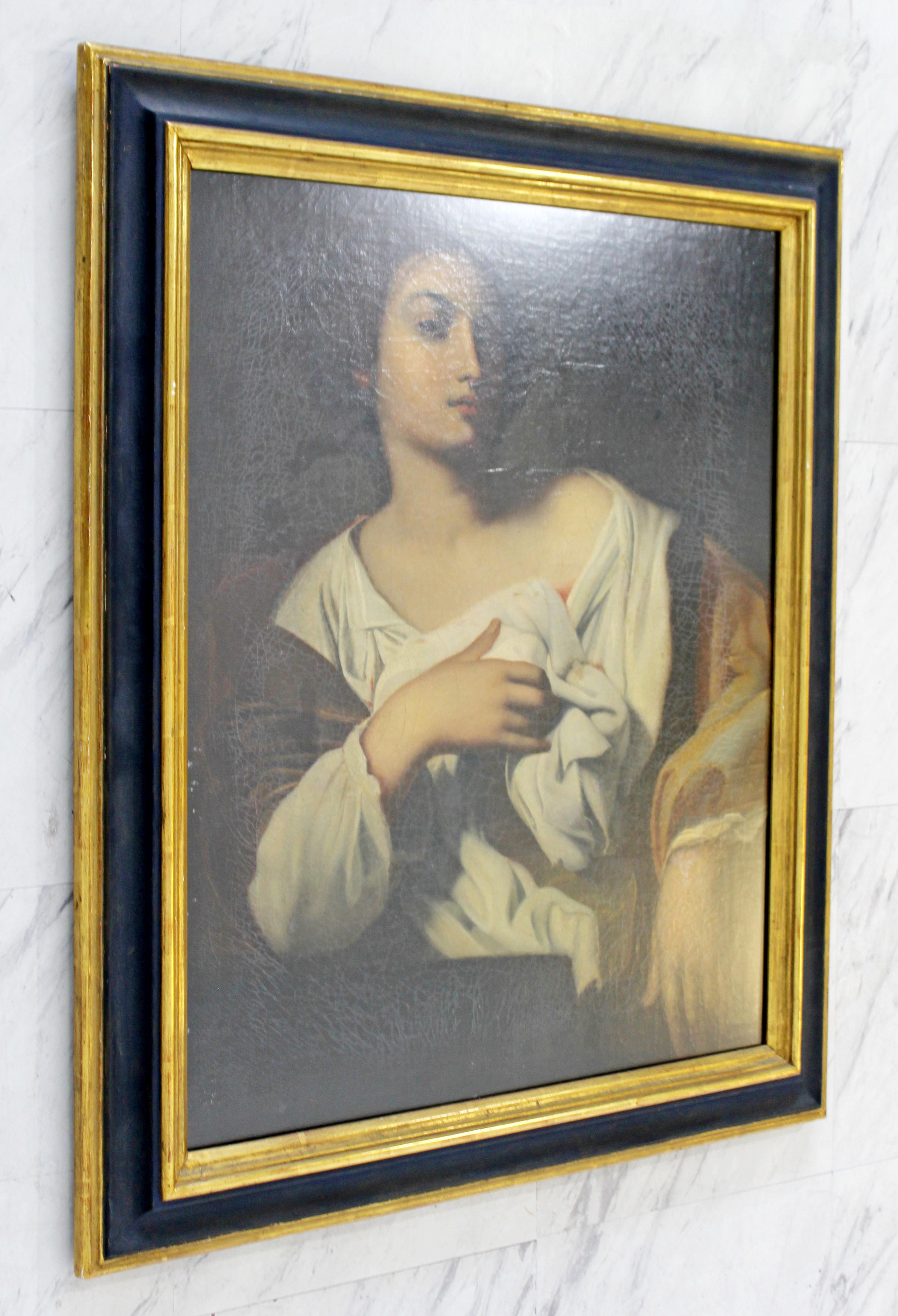 For your consideration is an incredible, antique, framed oil painting of St. Agnes the Martyr, by an unknown artist, circa the 14th or 15th century. In good condition. The dimensions of the frame are 26