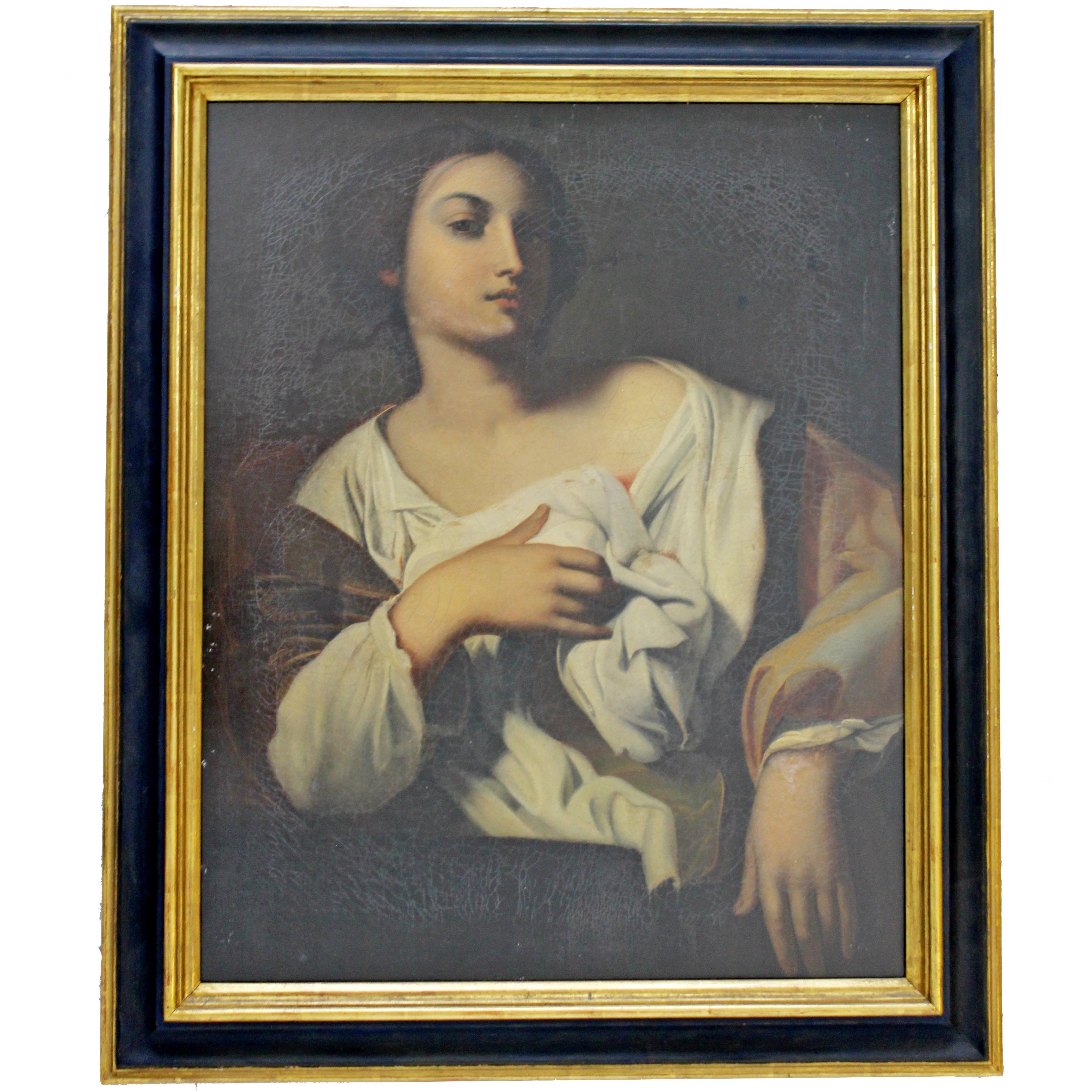 Antique Framed St. Agnes the Martyr Oil Painting 14th or 15th Century Portrait