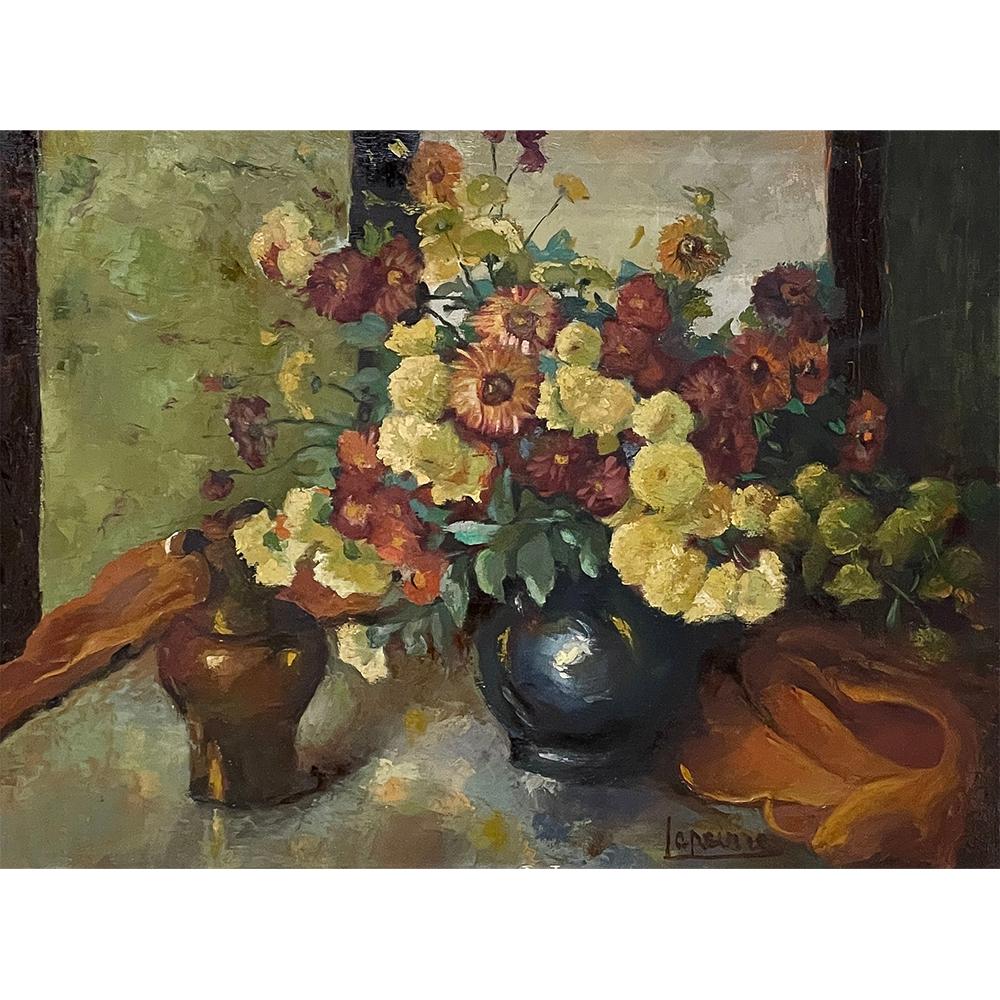 Antique Framed Still Life Signed Oil Painting on Canvas is an exceptional example of the timeless still life theme executed in a post-impressionistic style.  Rich earth tones with subtle jewel tone accents pervade the work, where the artist has