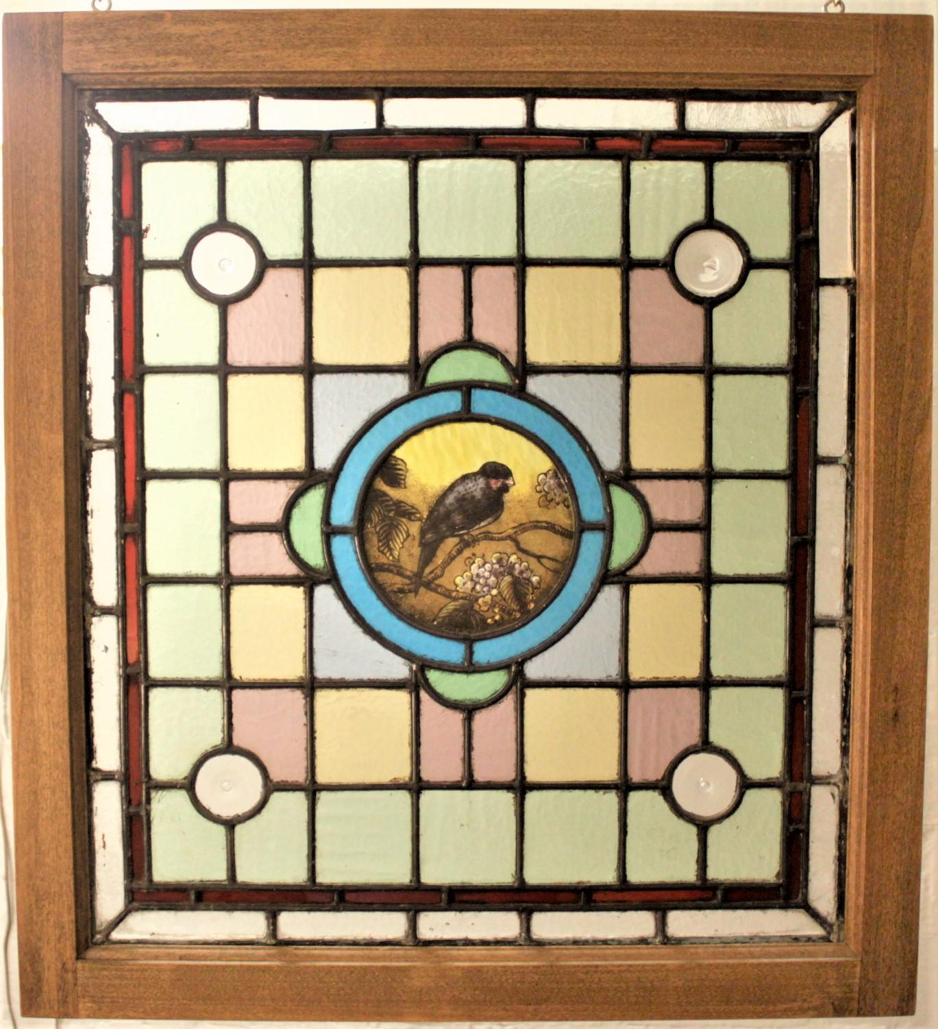 Antique Framed Victorian Stained Glass Window with a Hand Painted Bird Medallion 3