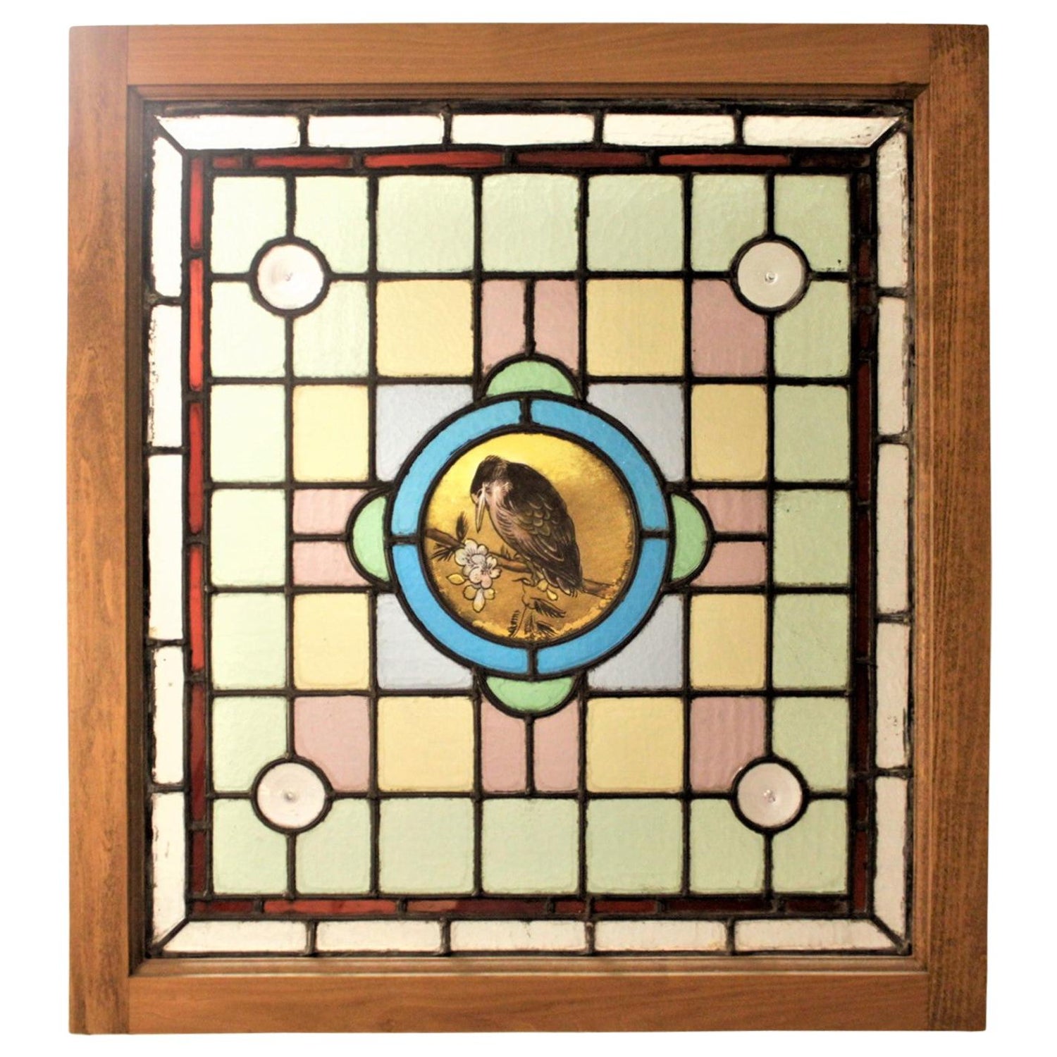 Antique Framed Victorian Stained Glass Window With A Hand Painted Bird Medallion At 1stdibs