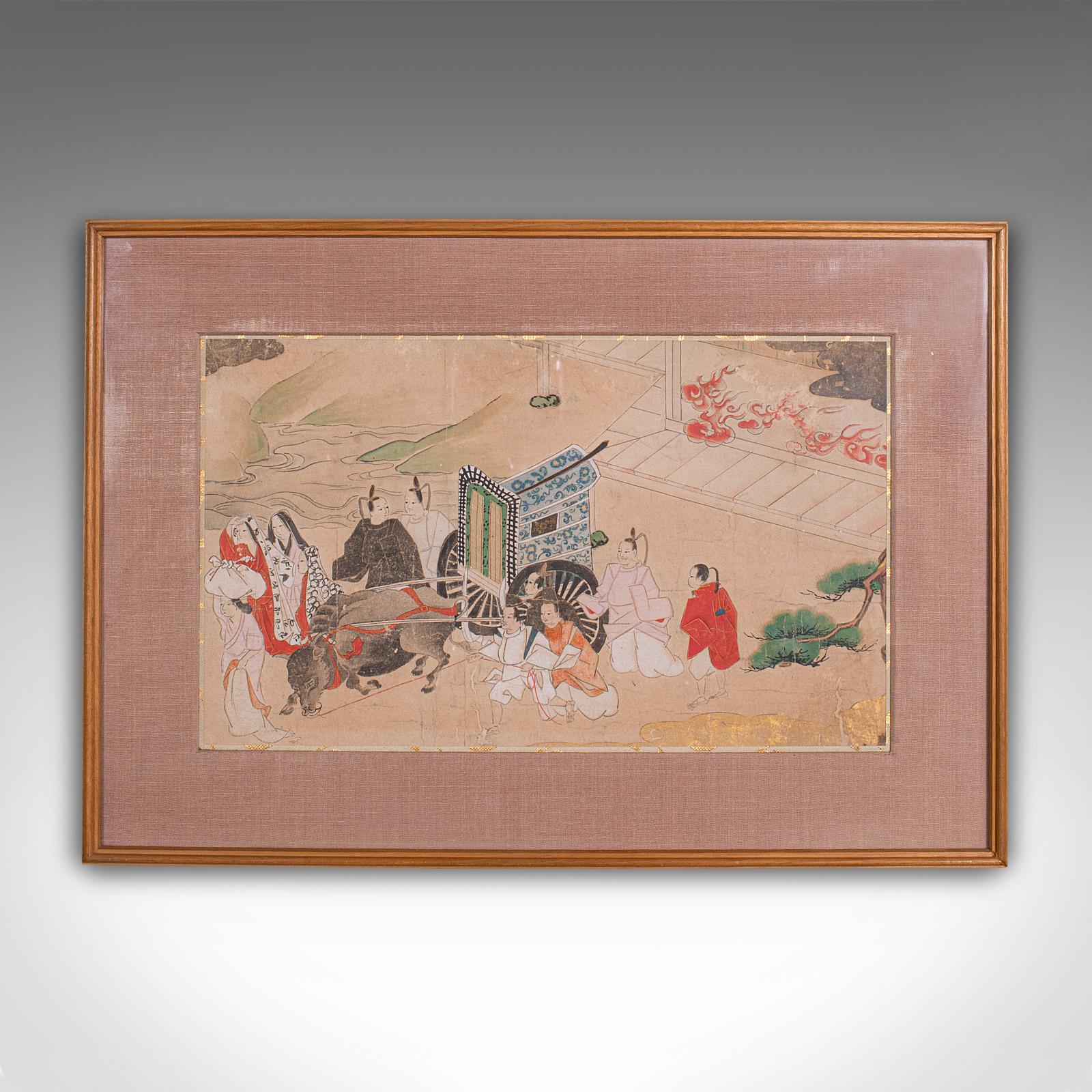 This is an antique framed woodblock print. A Japanese, after Heian era art scene, dating to the late Victorian period, circa 1900.

The Heian period of Japanese history existed between 794 to 1185
Considered to be a high point for classic