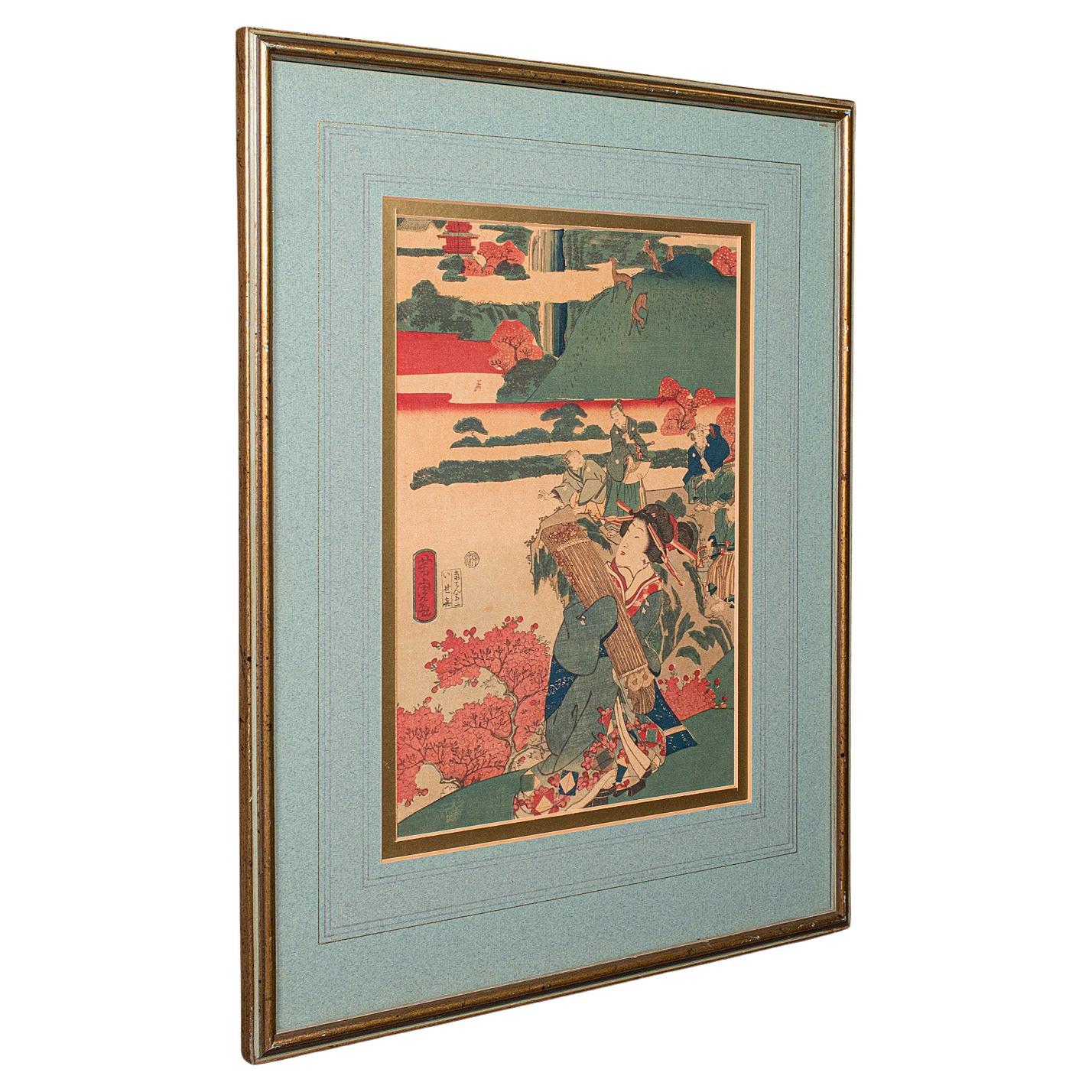 Gravure sur bois ancienne encadrée, Art japonais, Edo, Ukiyo-e, Kunisada, Victorien