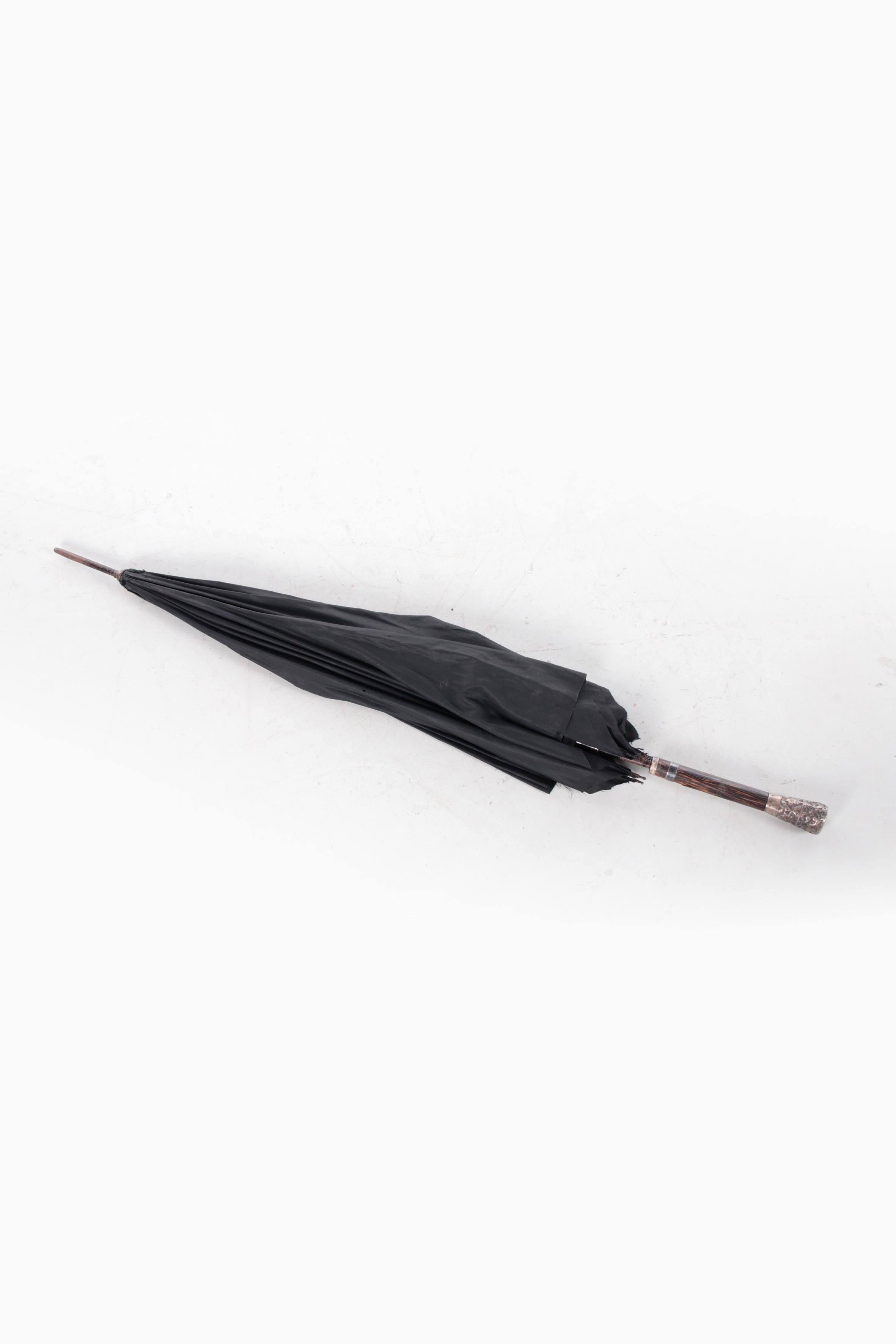 Antique France Black Silk Umbrella with France Silver Handle For Sale 12