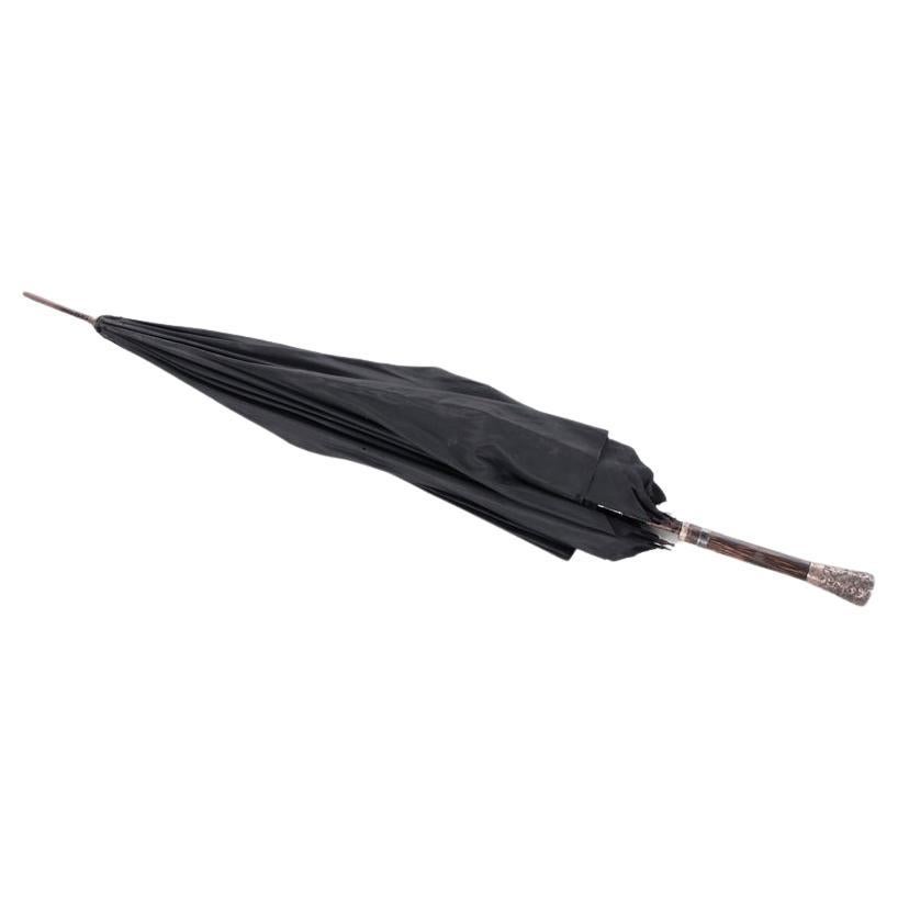 Antique France Black Silk Umbrella with France Silver Handle For Sale