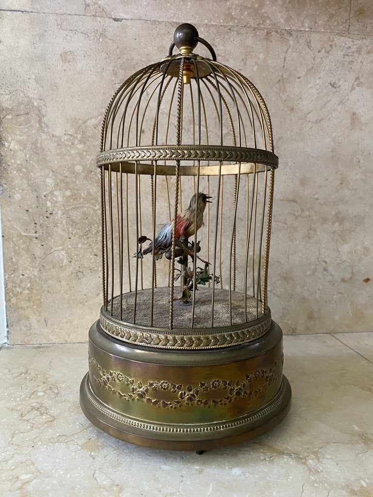 French Provincial Antique France Brass Musical & Animated Birdcage 19th Century For Sale