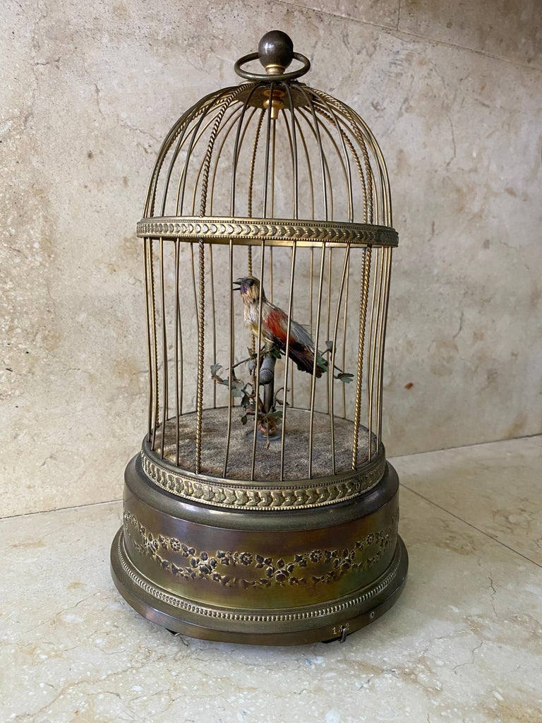 Hand-Crafted Antique France Brass Musical & Animated Birdcage 19th Century For Sale