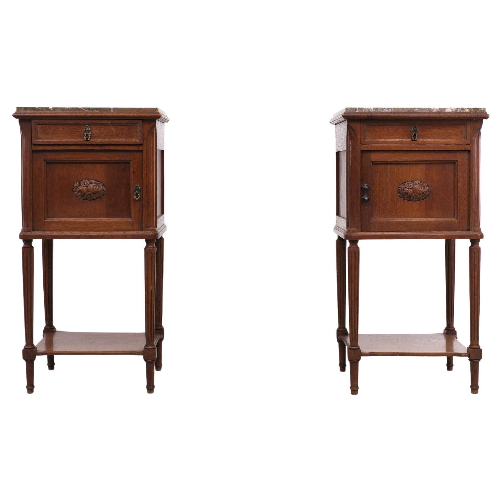 Lovely Pair of French Marble Top Antique Night Stands For Sale at