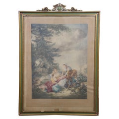 Litografia d'epoca di François Boucher raffigurante una scena pastorale con una chiromante, 31"