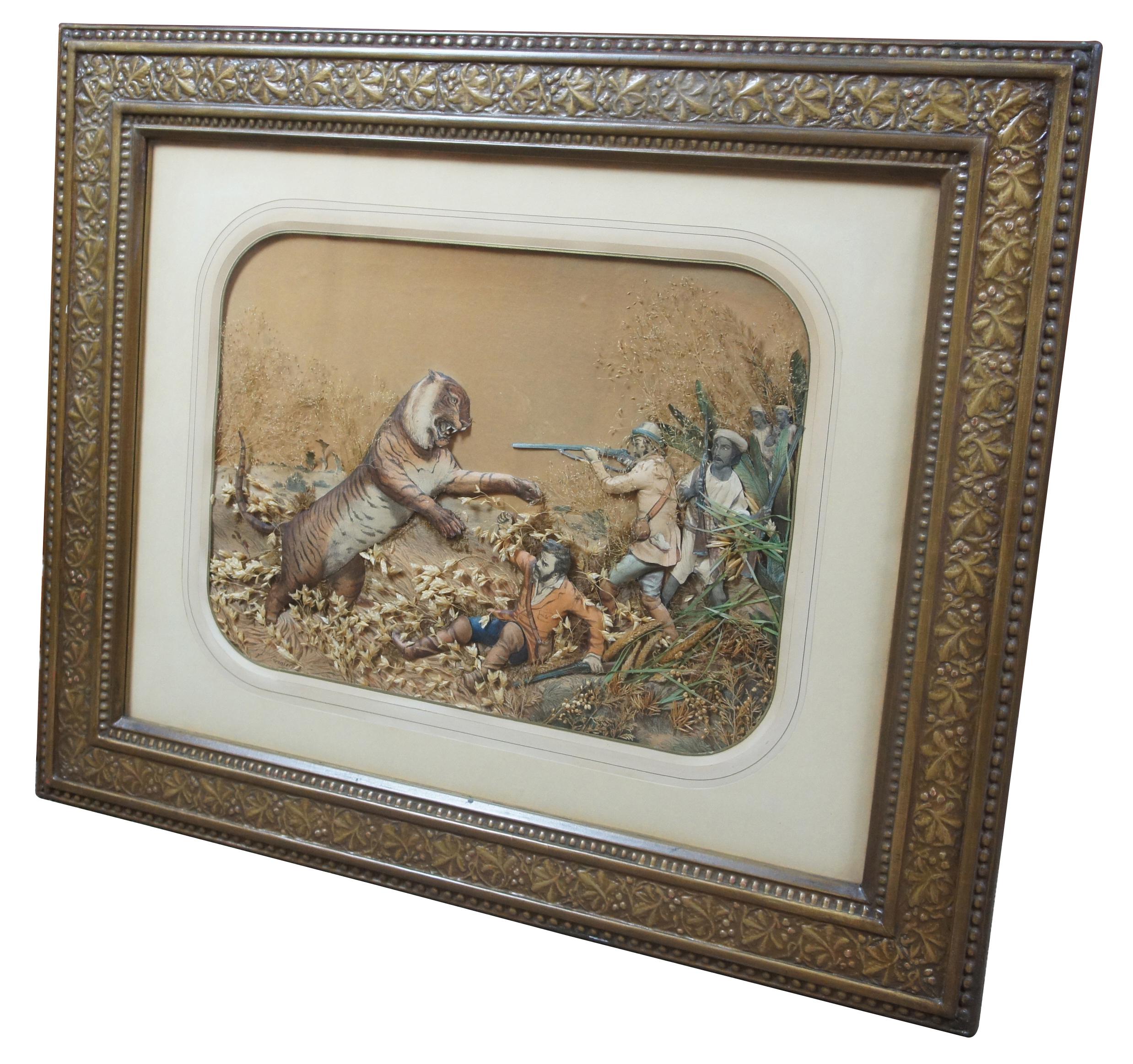 Antique mixed-media enhanced engraving artwork attributed to Francois Grenier. François GRENIER b. 1793-1867. This work features a hunting scene from India, framed shadowbox style, signed in stone lower left and titled on backside. La Chasse au