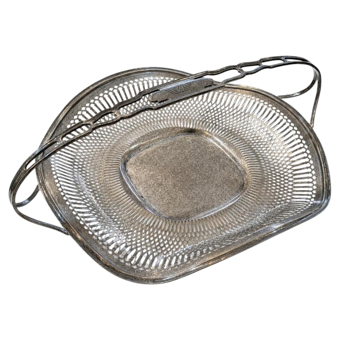 Antique Frank M. Whiting Sterling Silver Pierced Basket with Folding Handle For Sale