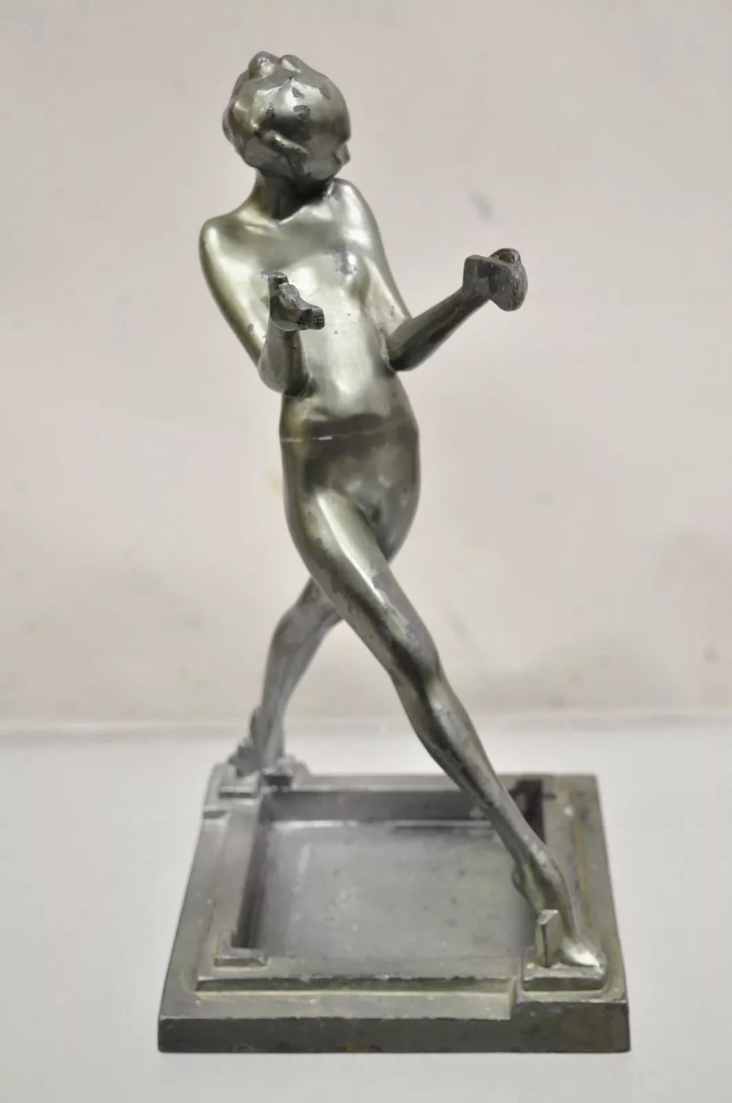 Auténtico Soporte para Fumar Cenicero Femenino Antiguo Frankart Art Decó Figural de Metal Patinado (Firmado). Principios del siglo XX. Medidas: 13