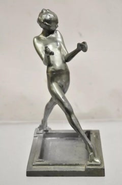 Antique Frankart Art Deco Figural Metal Female Ashtray Smoking Stand