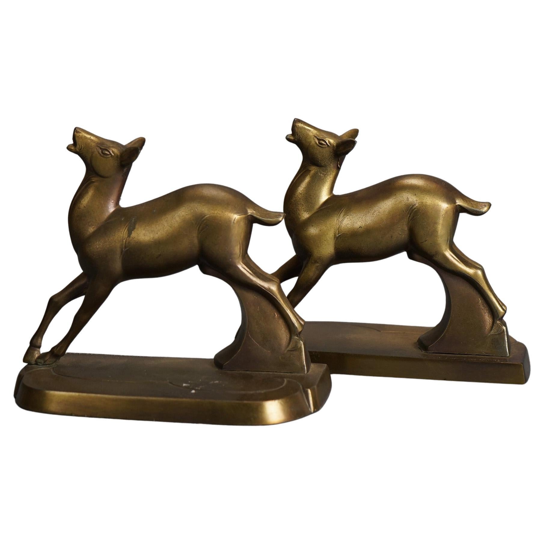 Antique Frankart Art Deco Gilt Cast Metal Figural Deer Bookends C1930 For Sale