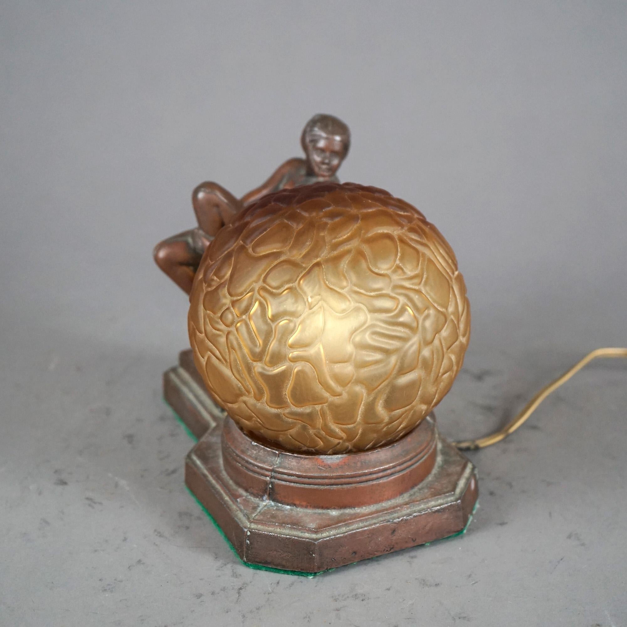 Art Deco Antique Frankart Figural Nude Table Lamp with Textured Globe C1920