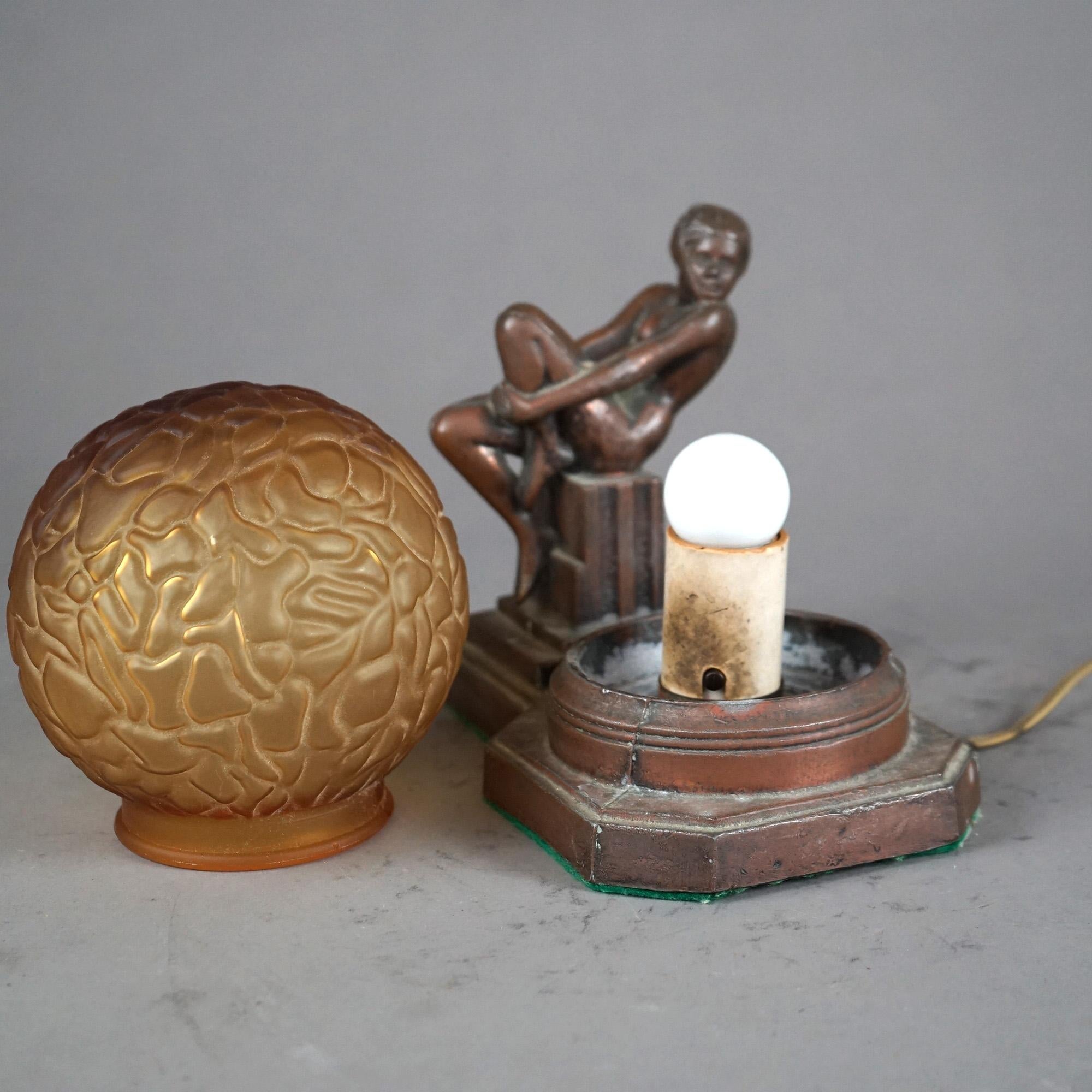 American Antique Frankart Figural Nude Table Lamp with Textured Globe C1920